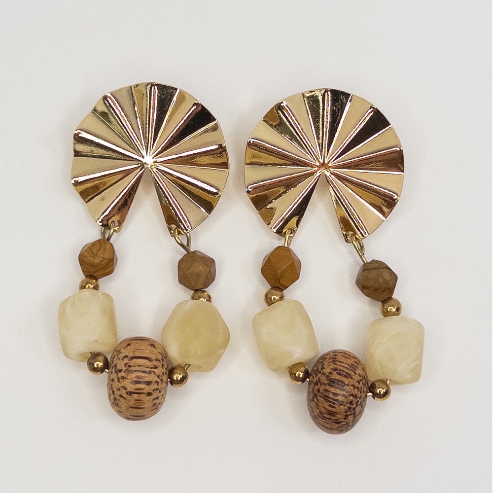 Gold‎ Tone Sunburst Wood & Resin Bead Drop Earrings Bohemian Statement Chic